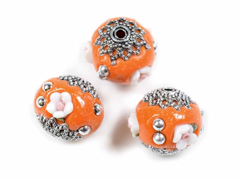 Kashmiri Perle aus Polymerton mit Metallverzierungen in orange 14 mm 1 Stück