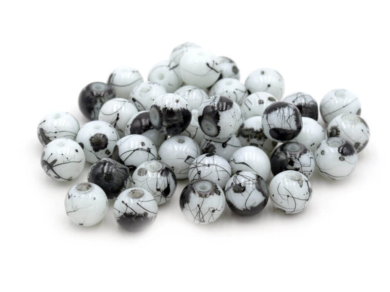 Glasperlen in weiß mit schwarzen Sprenkeln 8 mm 40 Stück