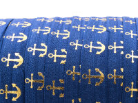elastisches Faltband in blau mit goldfarbenen Ankern 1m