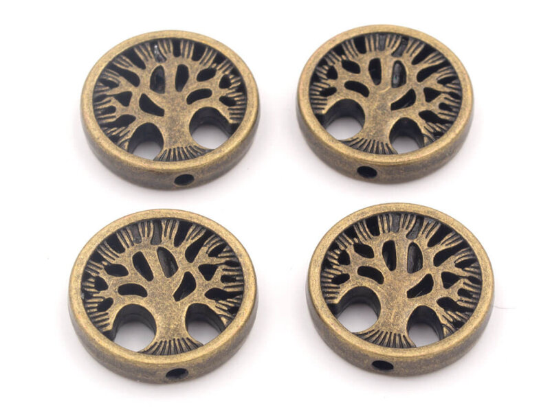 flache Metallperle mit Lebensbaum 18 mm in antik bronzefarben 4 Stück