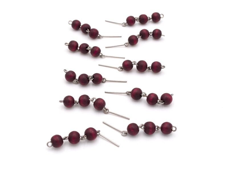 Verbinder mit drei Perlen aus Holz in bordeaux rot und Ösenstift in platinfarben 10 Stück