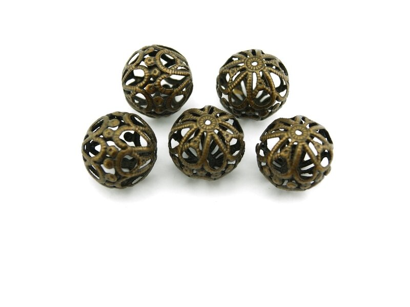6 filigrane Perlen in vintage Bronze, 20 mm
