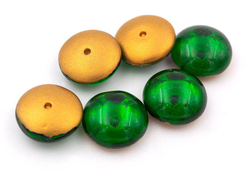 gewölbte Glascabochons in grün und antik goldfarben 14 mm 6 Stück
