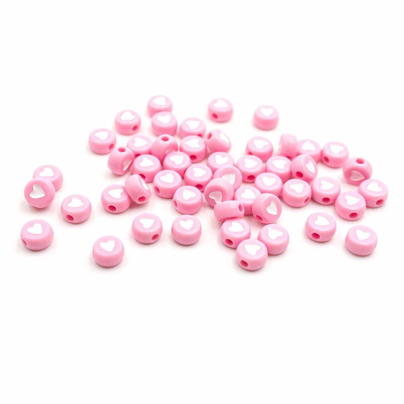 runde Acrylperlen in rosa mit weißen Herzen 7mm 50 Stück