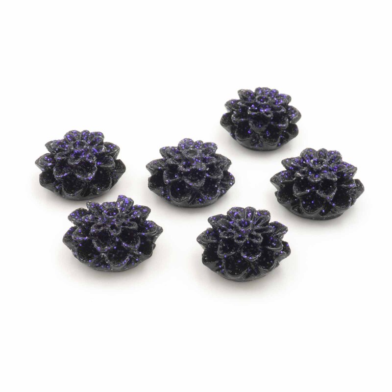 Cabochons Blume in schwarz mit blauen Glitter 15mm 6 Stück