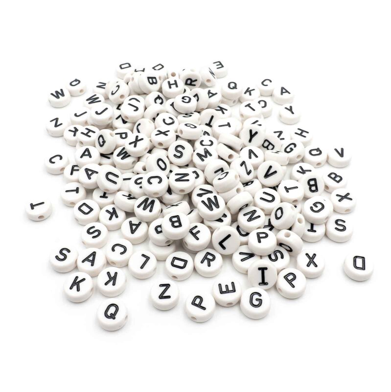 weiße Perlen mit schwarzen Emaillebuchstaben 10mm 200 Stück