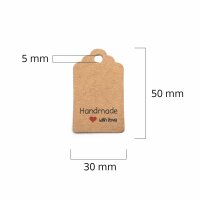 Etiketten mit Aufschrift "Handmade with love" in braun 50x30mm 100 Stück