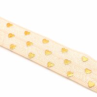 elastisches Gummiband/Faltband mit goldenen Herzchen in beige 1m