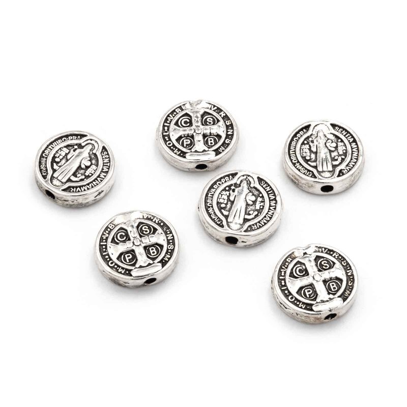 Runde Perlen in antik silberfarben beschichtet mit Abbildung des St. Benedikt, 10mm, 6 Stück