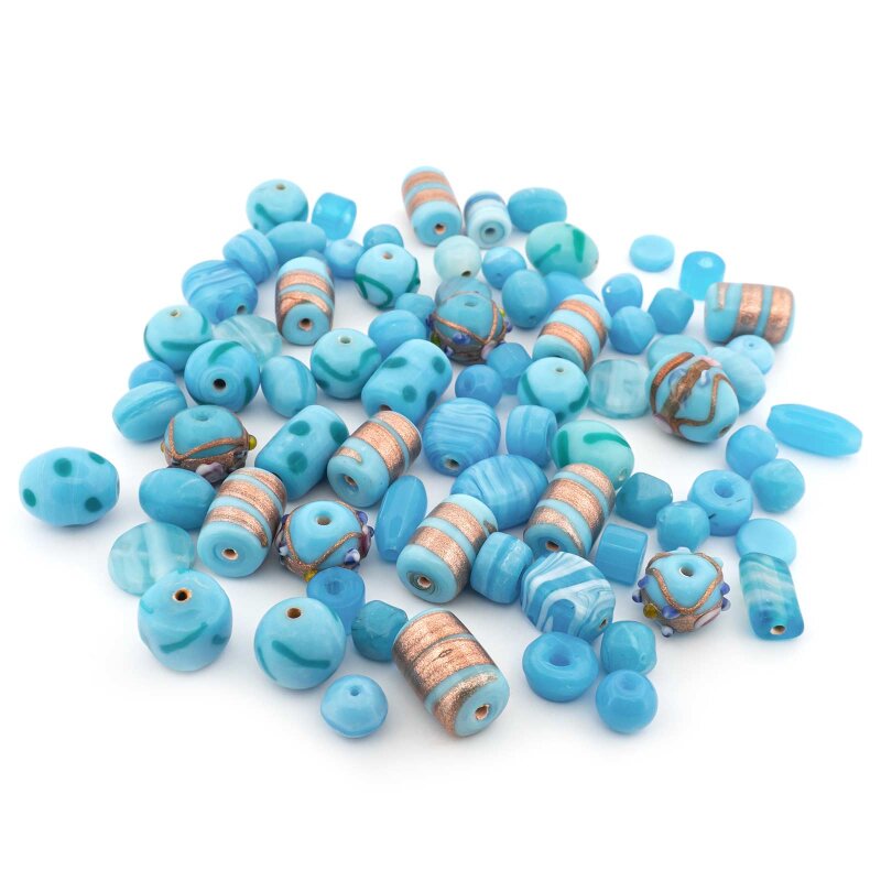 Lampwork-Perlen in Blautönen mit verschiedenen Formen und Größen Set 145 Stück