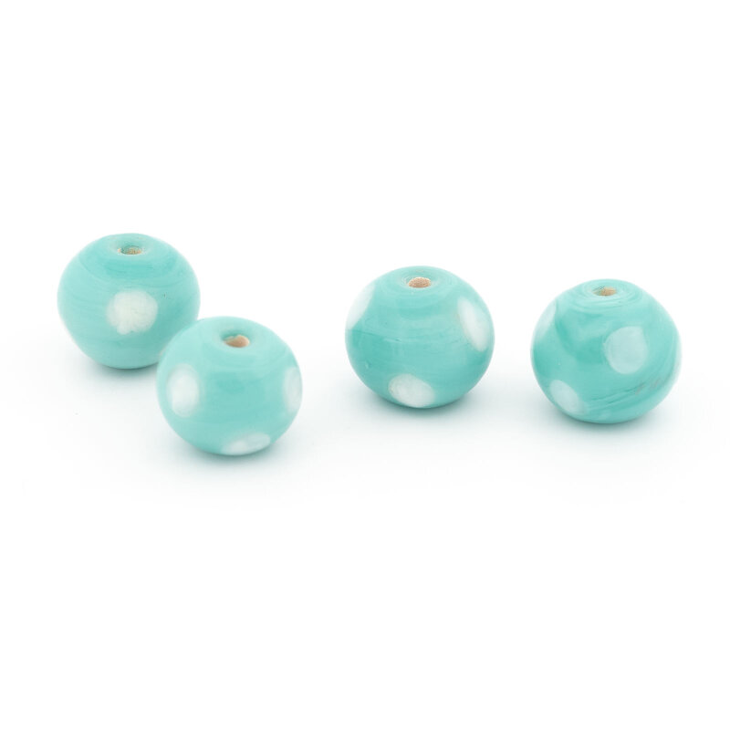 handgemachte Lampwork-Perlen ca. 10 mm in Blau mit weißen Punkten 4 Stück