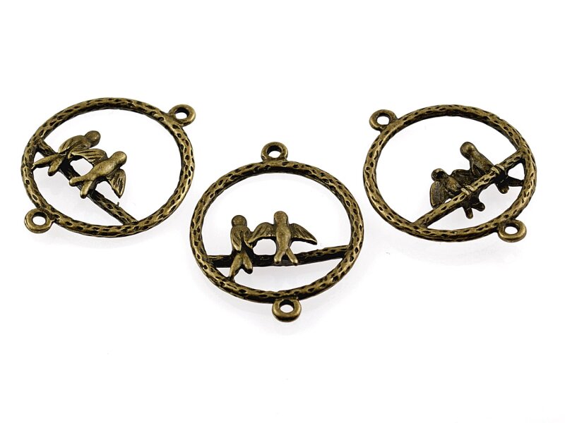 4 niedliche Verbinder mit zwei Vögelchen auf einem Ast in vintage Bronze