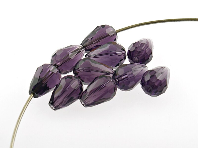 10 Kristallquarzperlen facettiert als Tropfen in violett, 12 mm