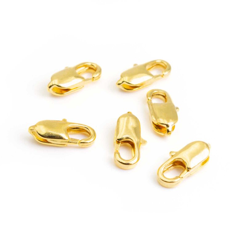 6 Karabinerverschlüsse aus Messing  in goldfarben, 10 mm